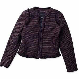Banana Republic Tweed Jacket SZ 2 Cropped Fringe Navy Beige Orange Blazer Office